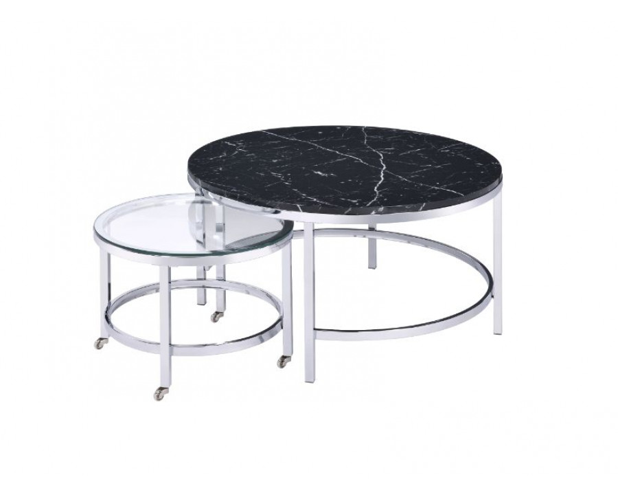 ACME - Virlana Nesting Table Set in Clear Glass/Faux Black Marble Top/Chrome