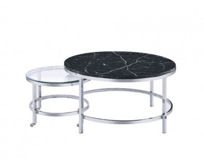 ACME - Virlana Nesting Table Set in Clear Glass/Faux Black Marble Top/Chrome