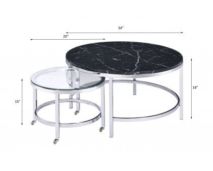 ACME - Virlana Nesting Table Set in Clear Glass/Faux Black Marble Top/Chrome