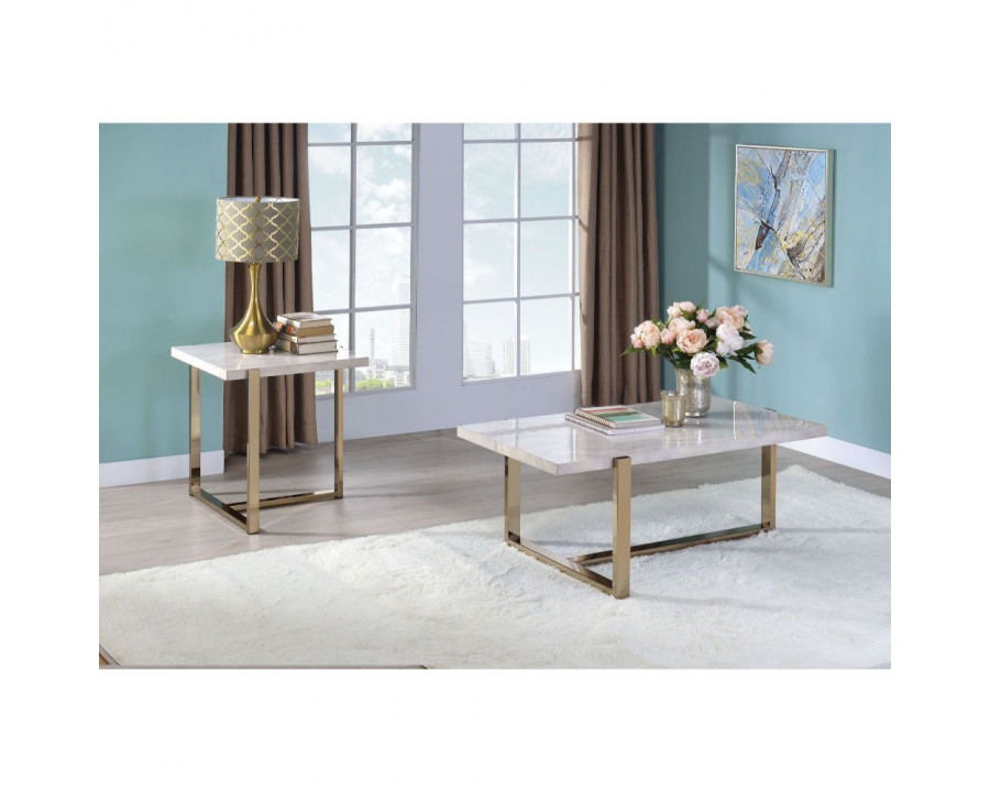 ACME - Feit End Table in Faux Marble Top/Champagne