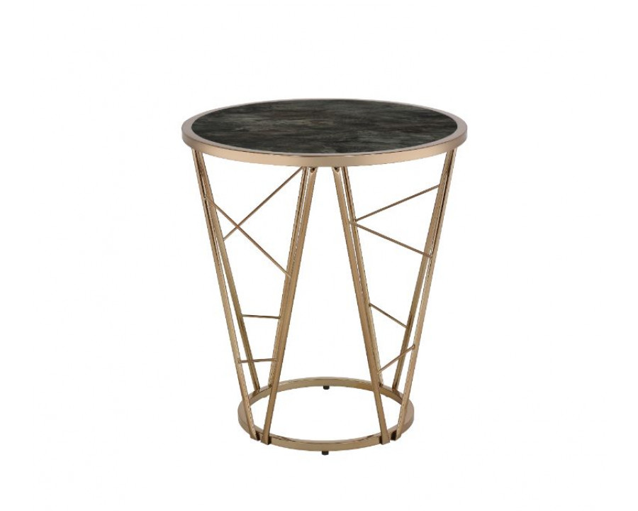 ACME - Cicatrix End Table in Faux Black Marble Glass Top/Champagne