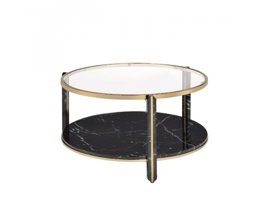 ACME - Thistle Coffee Table in Clear Glass/Faux Black Marble Top/Champagne