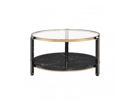 ACME - Thistle Coffee Table in Clear Glass/Faux Black Marble Top/Champagne