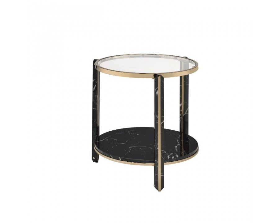 ACME - Thistle End Table in Clear Glass/Faux Black Marble Top/Champagne