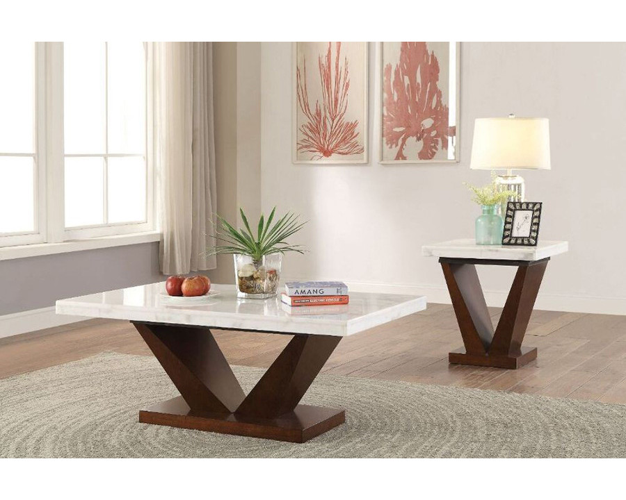 ACME - Forbes Coffee Table in White Natural Marble Top/Walnut