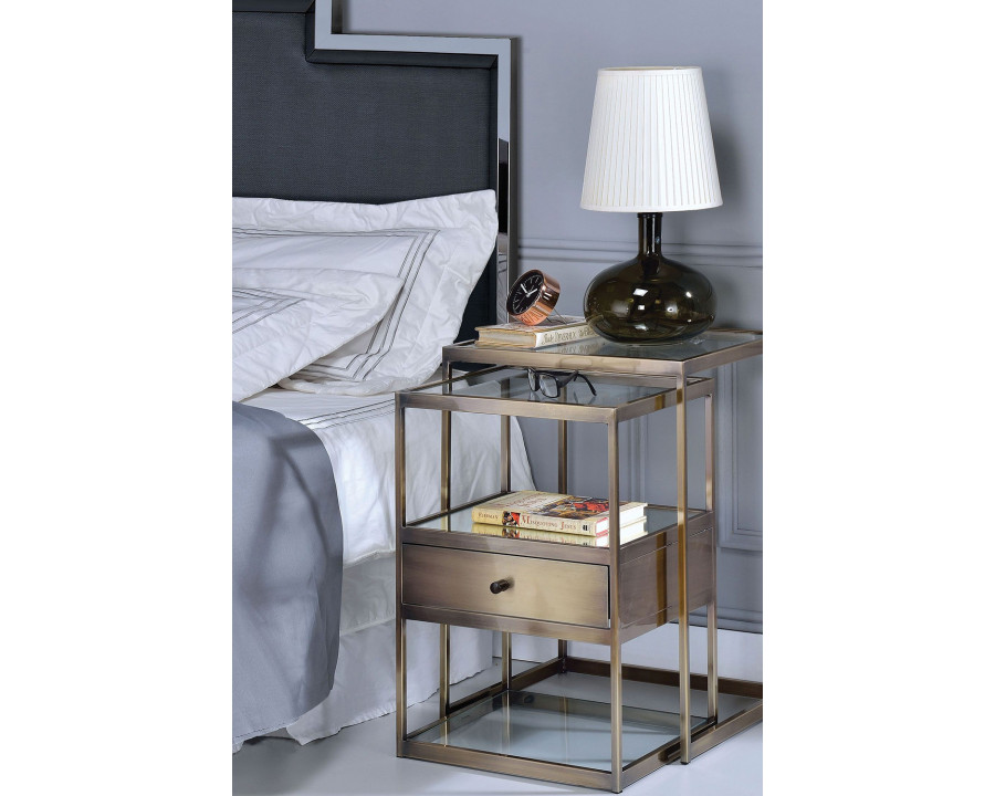 ACME - Enca Nesting Table Set in Clear Glass/Antique Brass