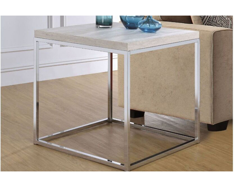 ACME - Snyder End Table in Engineered Stone Top/Chrome