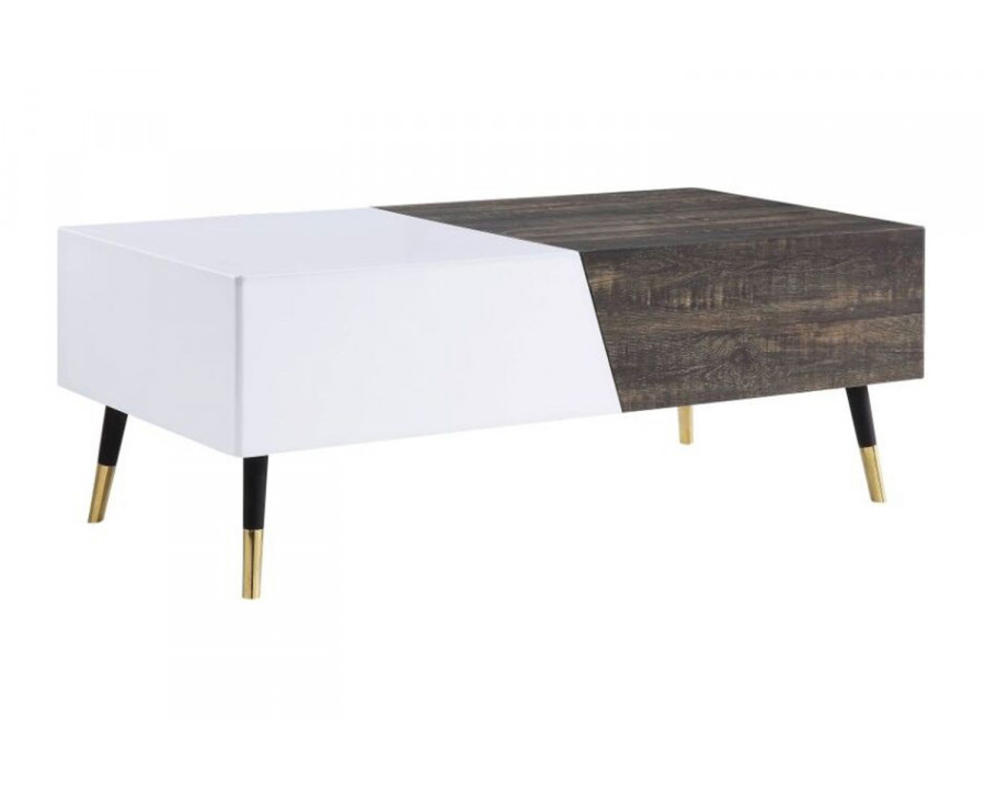 ACME - Orion Coffee Table in White High Gloss/Rustic Oak