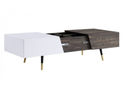 ACME - Orion Coffee Table in White High Gloss/Rustic Oak