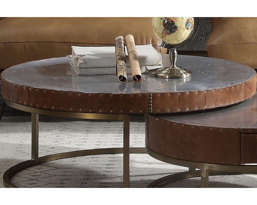 ACME - Tamas Aluminum and Cocoa Top Grain Leather Coffee Table