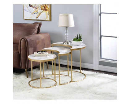 ACME - Anpay Nesting Table Set in Faux Marble Top/Gold