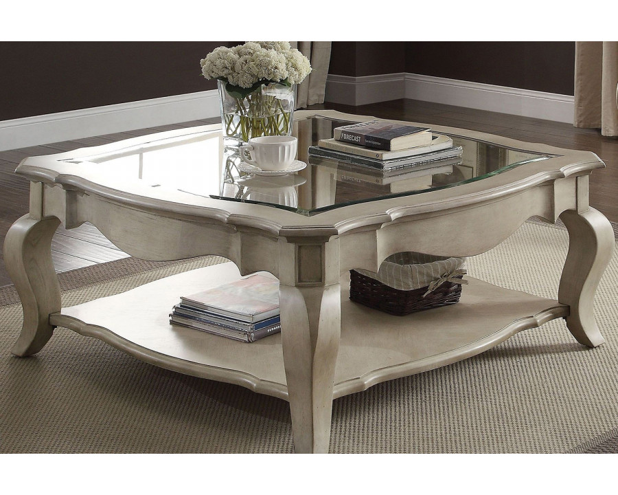 ACME - Chelmsford Coffee Table in Clear Glass/Antique Taupe