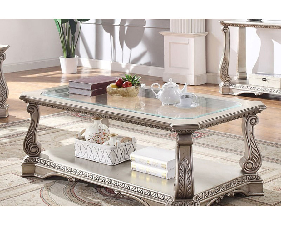 ACME - Northville Coffee Table in Clear Glass/Antique Silver