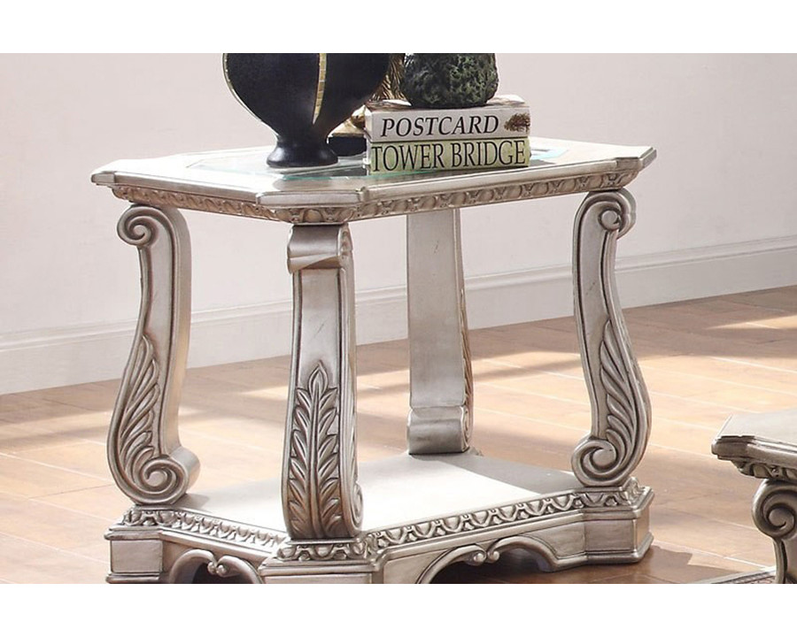 ACME - Northville End Table in Clear Glass/Antique Silver