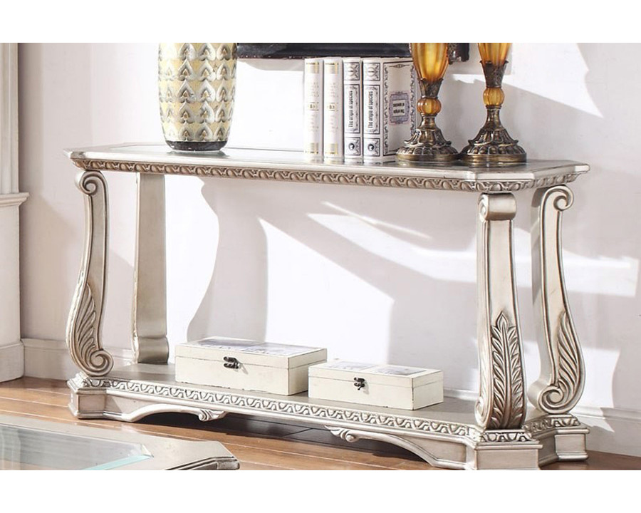 ACME - Northville Sofa Table in Clear Glass/Antique Silver