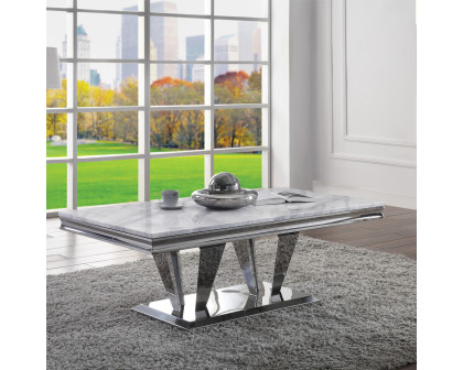 ACME - Satinka Coffee Table in Light Gray Printed Faux Marble Top/Mirrored Silver