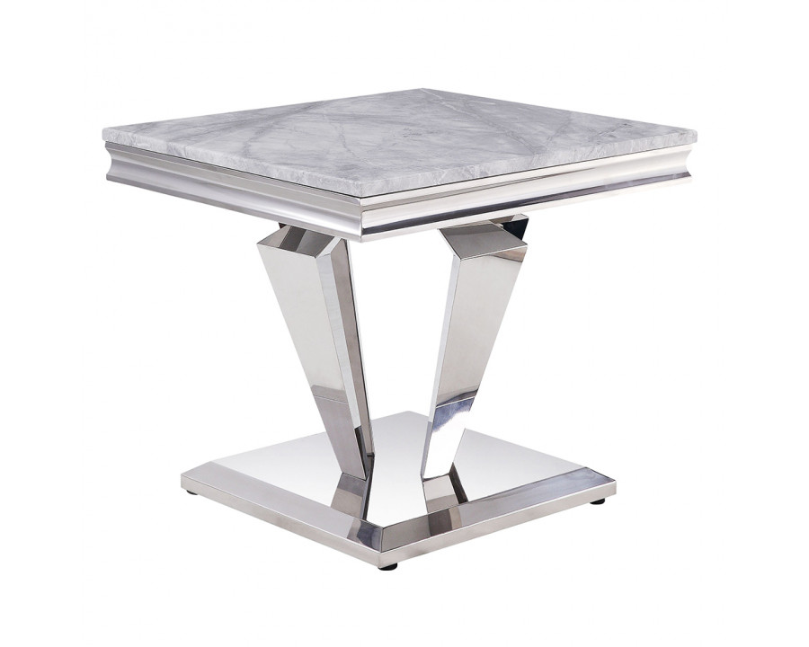 ACME - Satinka End Table in Light Gray Printed Faux Marble Top/Mirrored Silver