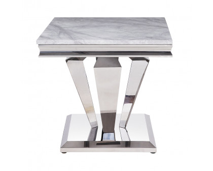 ACME - Satinka End Table in Light Gray Printed Faux Marble Top/Mirrored Silver