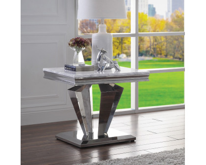 ACME - Satinka End Table in Light Gray Printed Faux Marble Top/Mirrored Silver