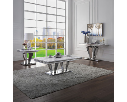 ACME - Satinka End Table in Light Gray Printed Faux Marble Top/Mirrored Silver