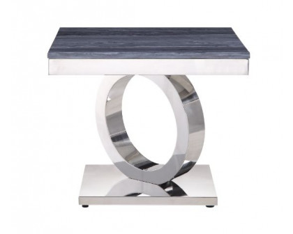 ACME - Zasir End Table in Gray Printed Faux Marble Top/Mirrored Silver