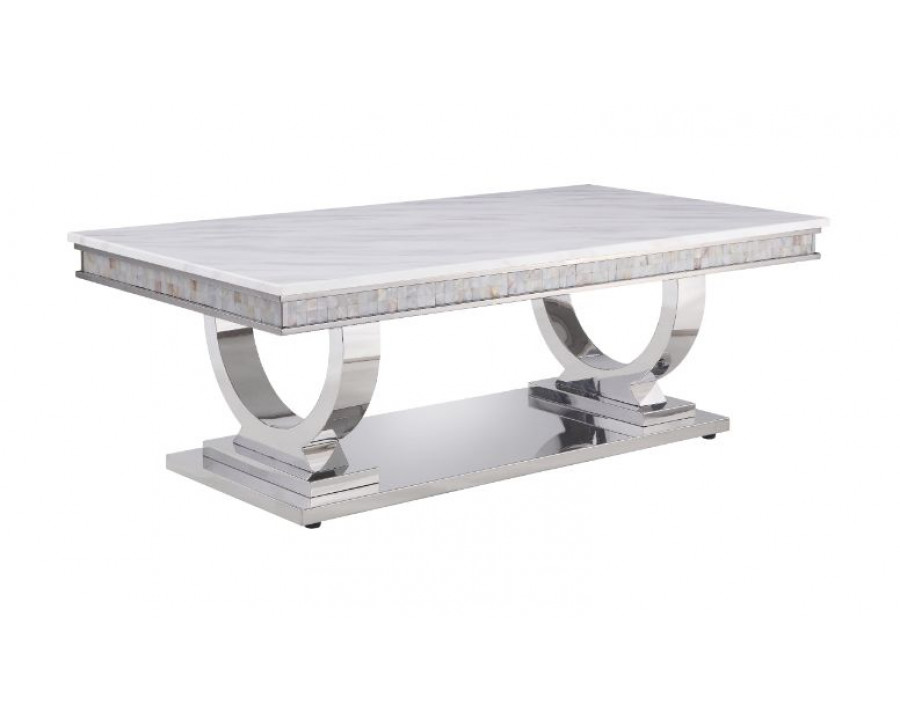 ACME - Zander Coffee Table in White Printed Faux Marble Top/Mirrored Silver