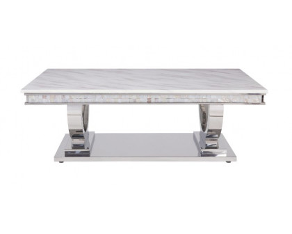 ACME - Zander Coffee Table in White Printed Faux Marble Top/Mirrored Silver