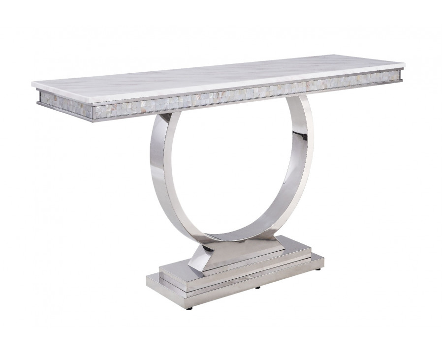 ACME - Zander Sofa Table in White Printed Faux Marble Top/Mirrored Silver