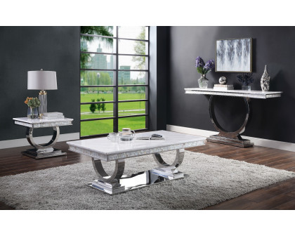 ACME - Zander Sofa Table in White Printed Faux Marble Top/Mirrored Silver