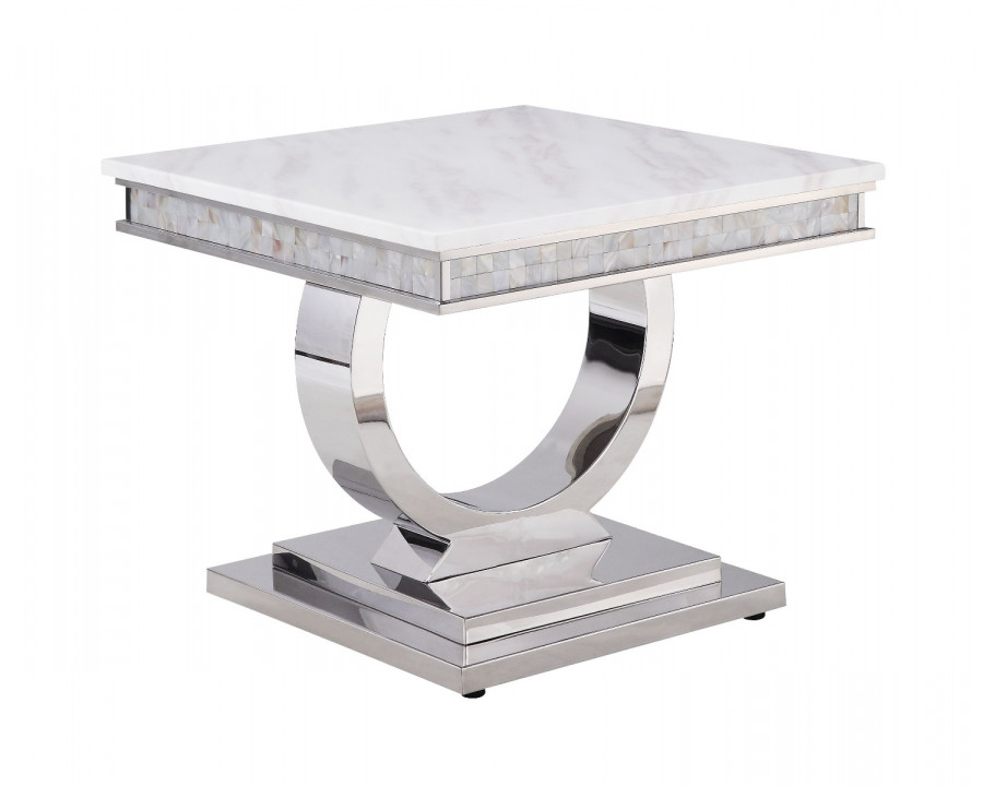 ACME - Zander End Table in White Printed Faux Marble Top/Mirrored Silver