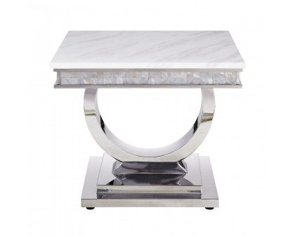 ACME - Zander End Table in White Printed Faux Marble Top/Mirrored Silver