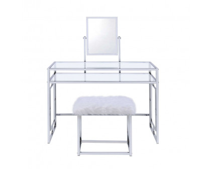 ACME - Carenze II Vanity Set in White Faux Fur/Chrome