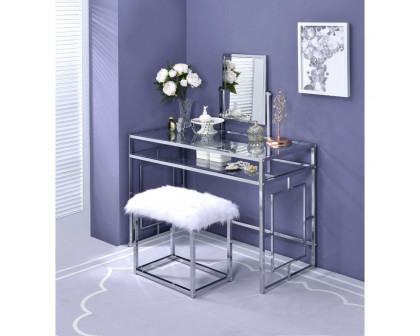 ACME - Carenze II Vanity Set in White Faux Fur/Chrome