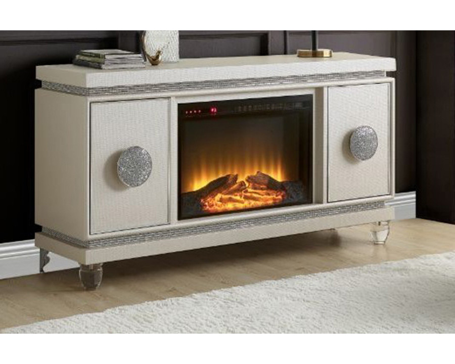 ACME - Lavina TV Stand with Fireplace in Ivory/Faux Diamonds