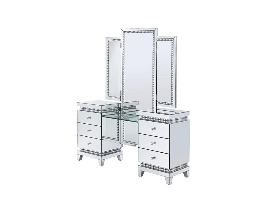 ACME - Lotus Vanity Desk in Mirrored/Faux Crystals