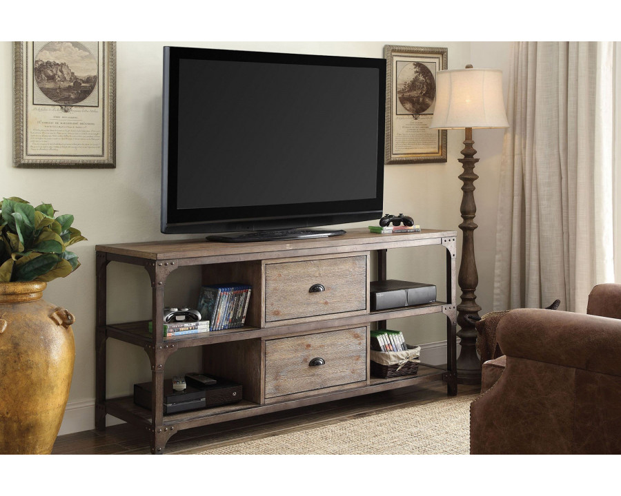 ACME - Gorden TV Stand in Weathered Oak/Antique Silver Metal