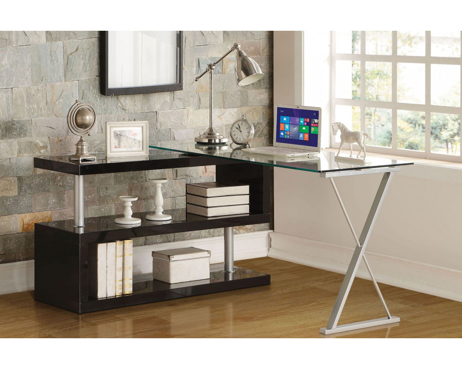 ACME Buck Writing Desk with Swivel - Clear Glass Top/Black High Gloss