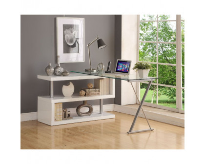 ACME Buck Writing Desk with Swivel - Clear Glass Top/White High Gloss