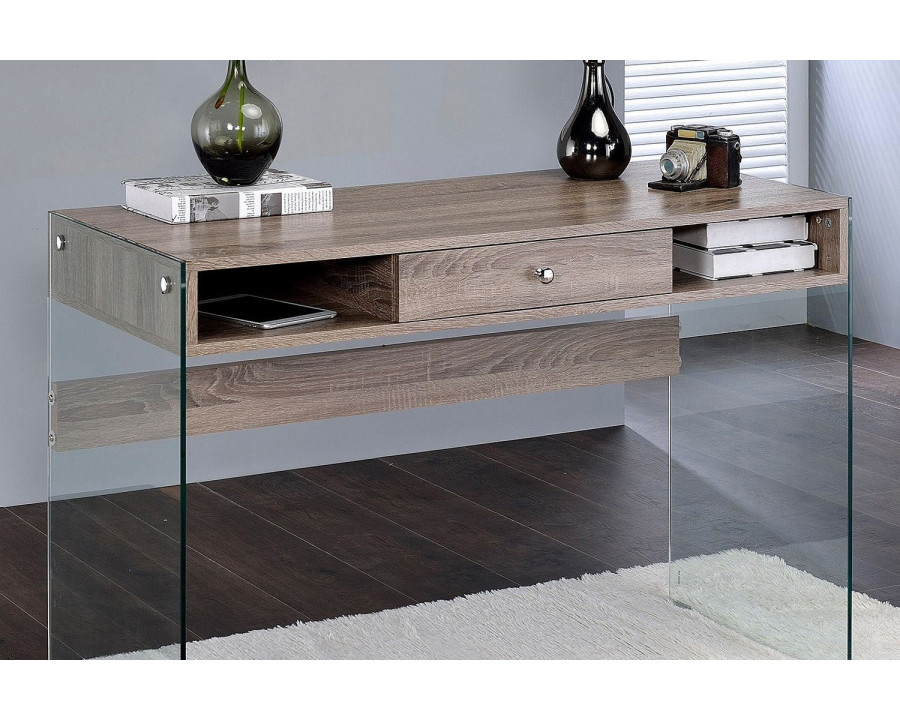 ACME - Armon Writing Desk in Clear Glass Top/Gray Oak