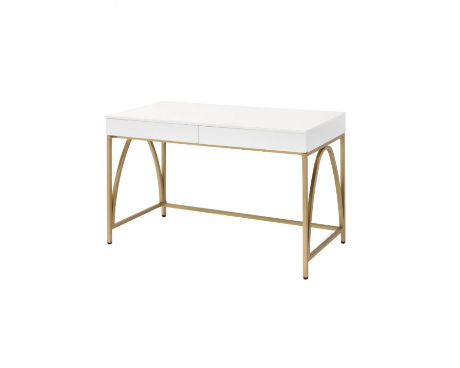 ACME - Lightmane Writing Desk (Same Ac00900) in White High Gloss/Gold