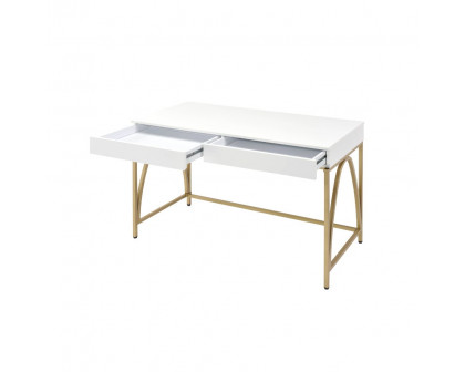 ACME - Lightmane Writing Desk (Same Ac00900) in White High Gloss/Gold