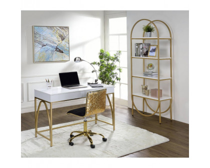 ACME - Lightmane Writing Desk (Same Ac00900) in White High Gloss/Gold