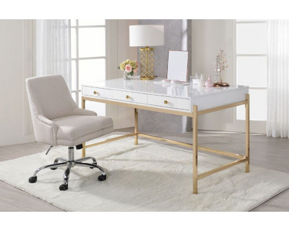 ACME - Ottey Executive Writing Desk in White High Gloss/Gold