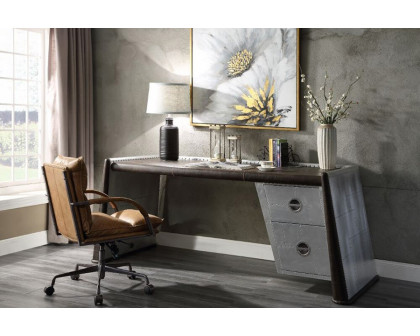 ACME - Brancaster Executive Writing Desk in Distress Chocolate/Aluminum