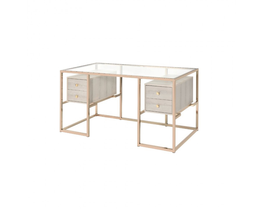 ACME - Huyana Writing Desk in Clear Glass Top/Gold