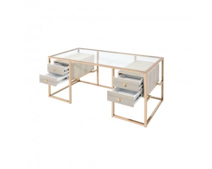 ACME - Huyana Writing Desk in Clear Glass Top/Gold