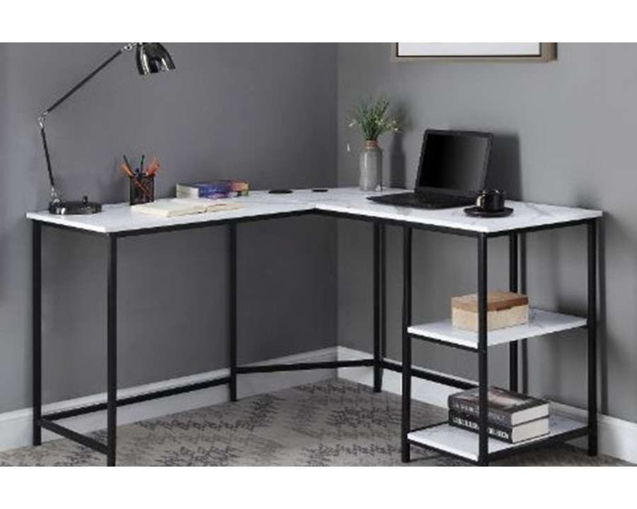 ACME Taurus Built-In USB Port Writing Desk - White Printed Faux Marble and Black Finish 93082