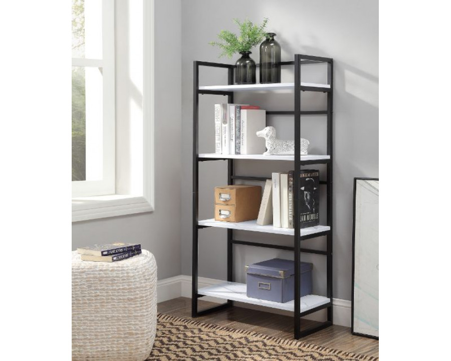 ACME Taurus Bookshelf - White Printed Faux Marble and Black Finish