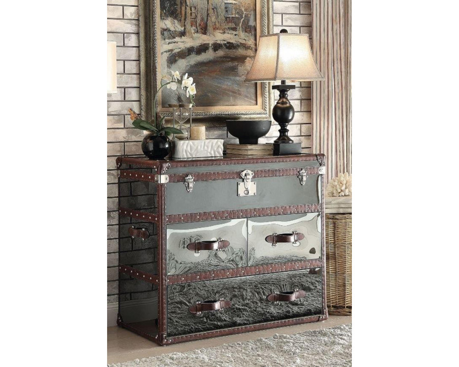 ACME - Aberdeen Console Cabinet in Vintage Dark Brown/Stainless Steel