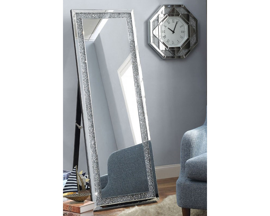 ACME - Noralie Floor Mirror in Mirrored/Faux Diamonds (97156)